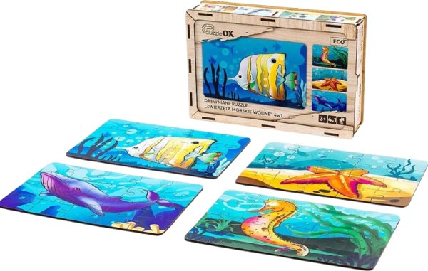 PuzzleOK Ξύλινα Παζλ 4 σε 1 Θαλάσσια Ζώα Νερό Παζλ Σετ