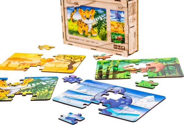 PuzzleOK Ξύλινο Παζλ 4 σε 1 Άγρια Ζώα Παζλ Σετ Καμηλοπάρδαλη Βραδύπους
