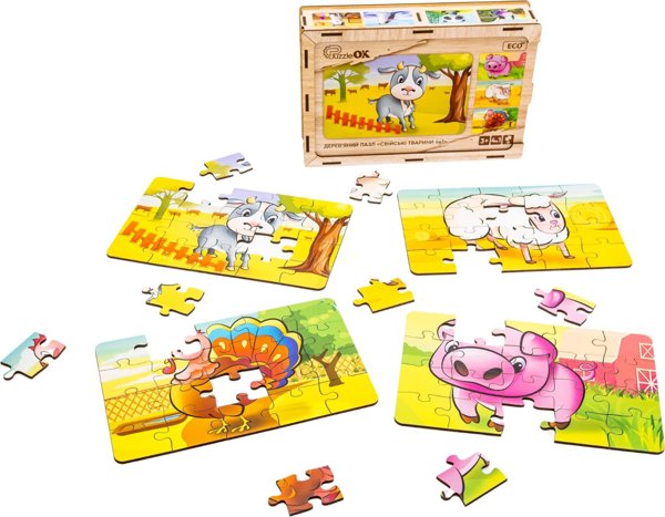 PuzzleOK Ξύλινα Παζλ 4 σε 1 Ζώα στη Φάρμα Παζλ Σετ Φάρμα