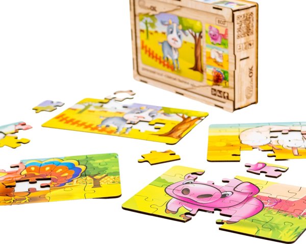 PuzzleOK Ξύλινα Παζλ 4 σε 1 Ζώα στη Φάρμα Παζλ Σετ Φάρμα