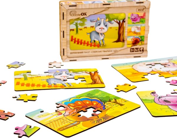 PuzzleOK Ξύλινα Παζλ 4 σε 1 Ζώα στη Φάρμα Παζλ Σετ Φάρμα
