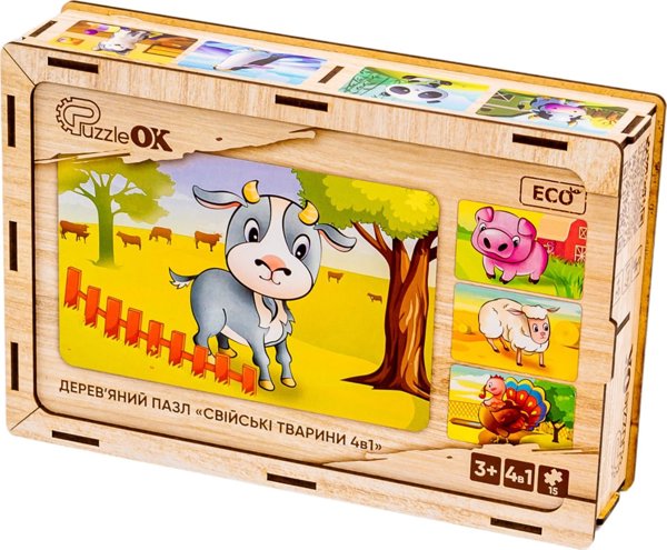 PuzzleOK Ξύλινα Παζλ 4 σε 1 Ζώα στη Φάρμα Παζλ Σετ Φάρμα