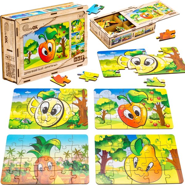 PuzzleOK Ξύλινο Παζλ 4 σε 1 Φρούτα Παζλ Σετ Ανανάς Αχλάδι Λεμόνι Μήλο