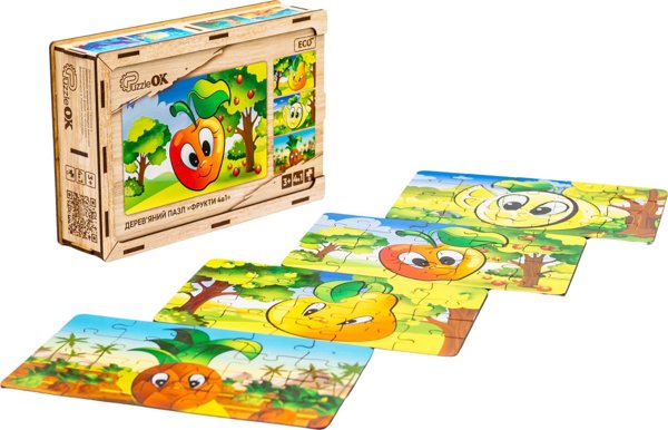 PuzzleOK Ξύλινο Παζλ 4 σε 1 Φρούτα Παζλ Σετ Ανανάς Αχλάδι Λεμόνι Μήλο