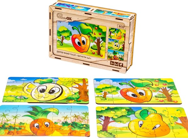 PuzzleOK Ξύλινο Παζλ 4 σε 1 Φρούτα Παζλ Σετ Ανανάς Αχλάδι Λεμόνι Μήλο