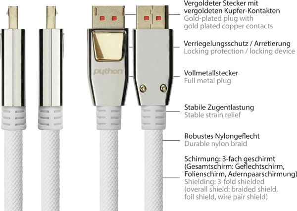 PYTHON kabel DisplayPort 1.4 nylon 5m bialy