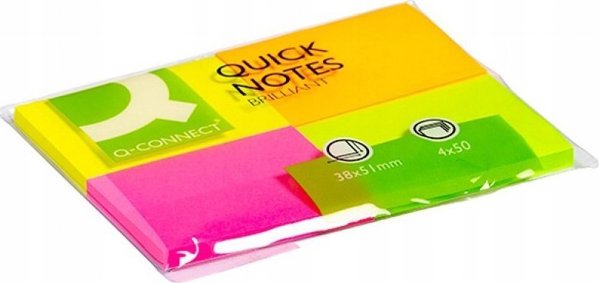 Q-Connect Αυτοκόλλητα Μπλοκ Σημειώσεων Brilliant, 38x51mm, 4x50 Φύλλα, Φωσφοριζέ Χρώματα