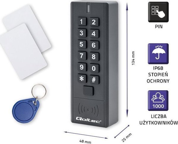 Qoltec Zamek szyfrowy HYPERION z czytnikiem RFID | kod | karta | brelok | IP68 | EM
