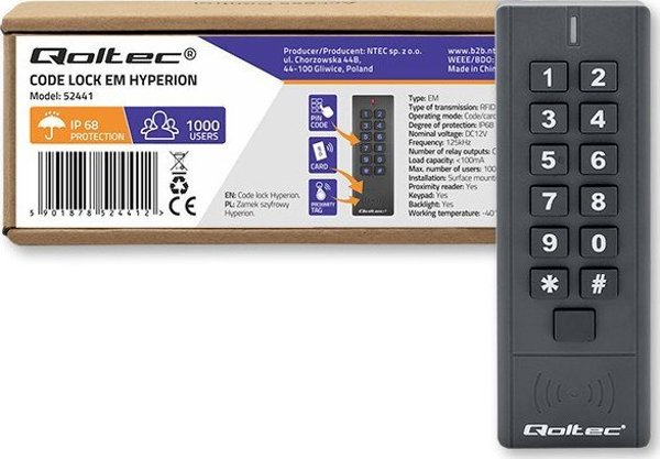 Qoltec Zamek szyfrowy HYPERION z czytnikiem RFID | kod | karta | brelok | IP68 | EM
