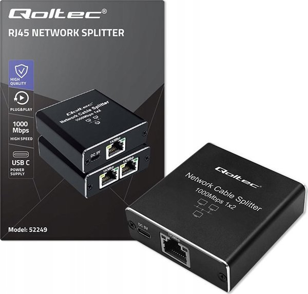 Qoltec Splitter Mini Switch RJ45 1x2 Port, 1000Mbps, με Τροφοδοσία USB-C, Αλουμίνιο