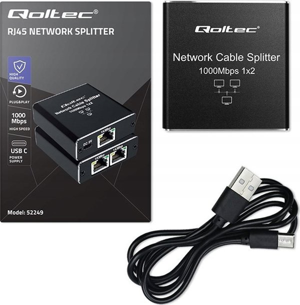 Qoltec Splitter Mini Switch RJ45 1x2 Port, 1000Mbps, με Τροφοδοσία USB-C, Αλουμίνιο