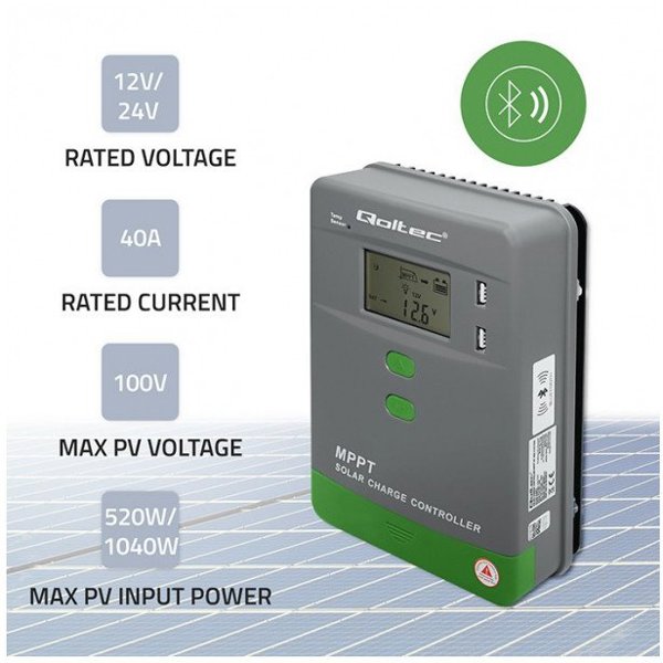 Qoltec Sloneczny regulator ladowania MPPT z czujnikiem temperatury 40A 12V 24V LCD 2xUSB Bluetooth APP GEL LiFePO4