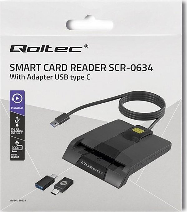 Qoltec Smart Card Reader SCR-0634, Αναγνώστης Έξυπνων Καρτών USB Type-C, Μαύρο