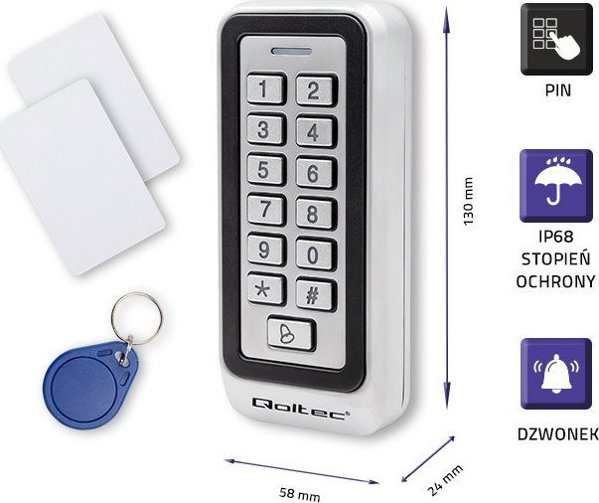 Qoltec Zamek szyfrowy RHEA z czytnikiem RFID | kod | karta | brelok | dzwonek | IP68 | EM