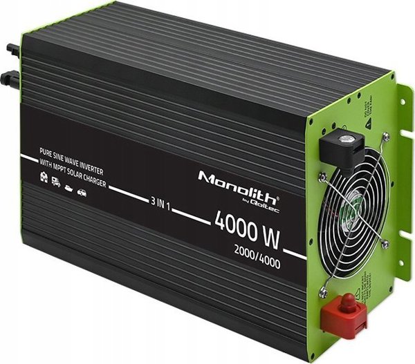 qoltec Ηλιακός μετατροπέας 3 σε 1 με λειτουργία φόρτισης AC | MPPT | UPS | ATS | 2000W | 4000W | 12V σε 230V | Καθαρό ημίτονο