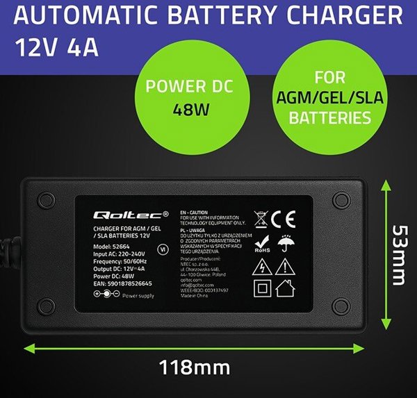 Φορτιστής Μπαταρίας Qoltec για AGM, GEL & STD, 12V, 4A, 48W, με Οθόνη LED και Καλώδιο 1,8m