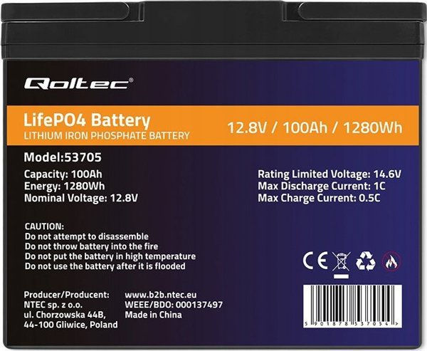 Qoltec Akumulator LiFePO4 12.8V 100Ah 1280Wh BMS