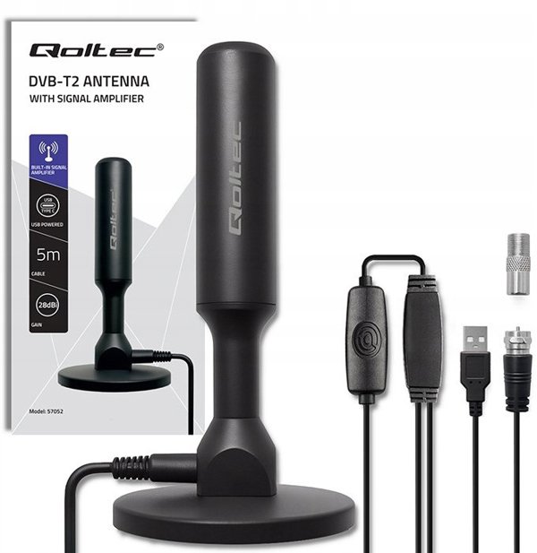 Qoltec Wewnetrzna Antena TV DVB-T2 ze wzmacniaczem sygnalu i magnetyczna podstawa 4K 28dBi 5m