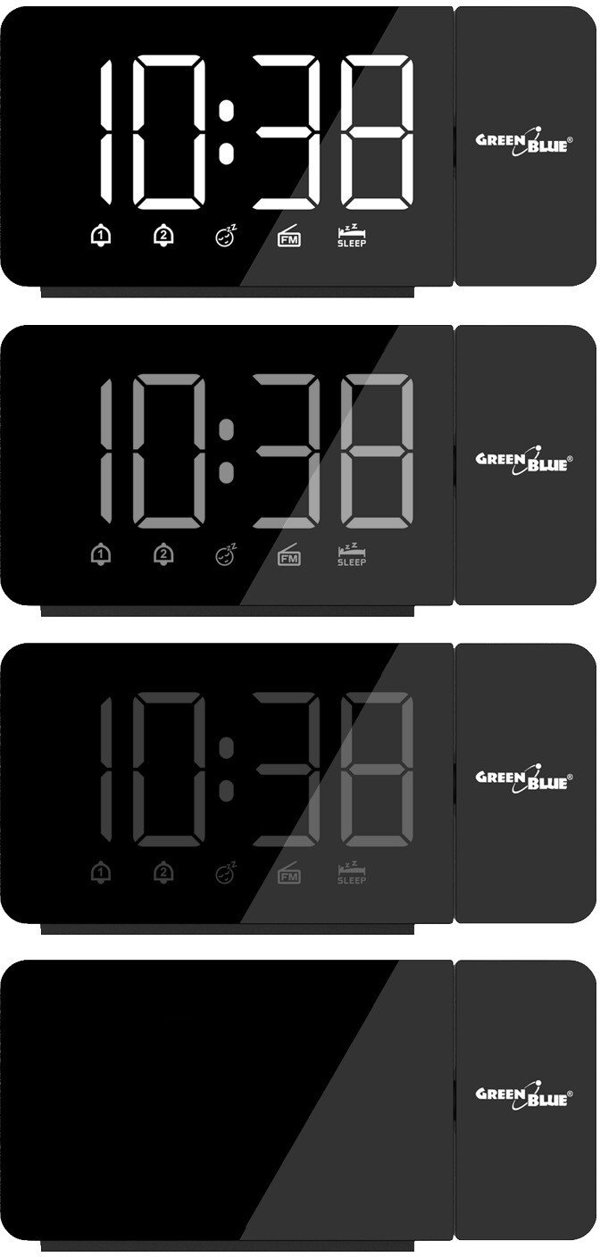 Radiobudzik cyfrowy LED z projektorem GreenBlue,radio FM, alarm, zegar 12/24, zasilanie USB 5V DC + CR2032, GB172