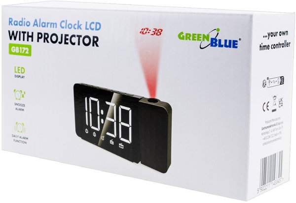 Radiobudzik cyfrowy LED z projektorem GreenBlue,radio FM, alarm, zegar 12/24, zasilanie USB 5V DC + CR2032, GB172