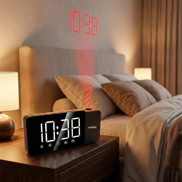Radiobudzik cyfrowy LED z projektorem GreenBlue,radio FM, alarm, zegar 12/24, zasilanie USB 5V DC + CR2032, GB172