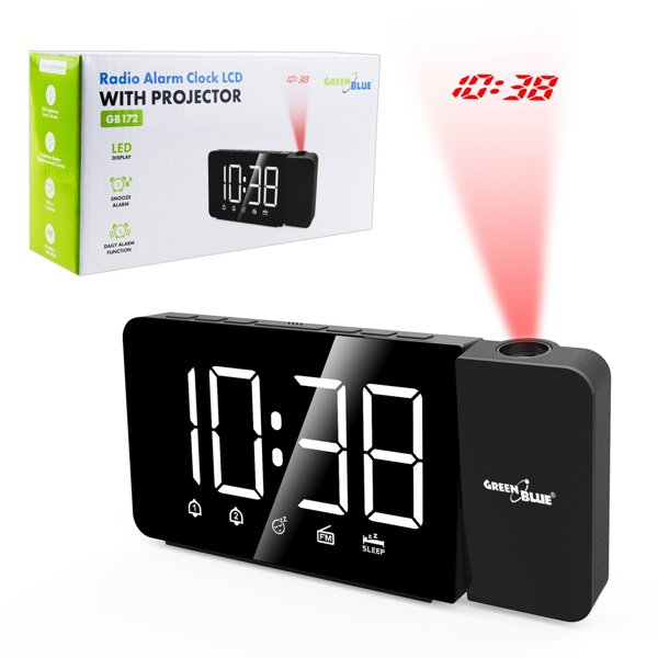 Radiobudzik cyfrowy LED z projektorem GreenBlue,radio FM, alarm, zegar 12/24, zasilanie USB 5V DC + CR2032, GB172