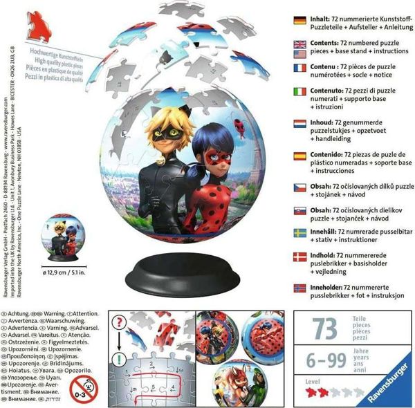 Ravensburger Παζλ 3D Miraculous 72 Τεμάχια - Σφαιρικό Παζλ Ladybug & Cat Noir