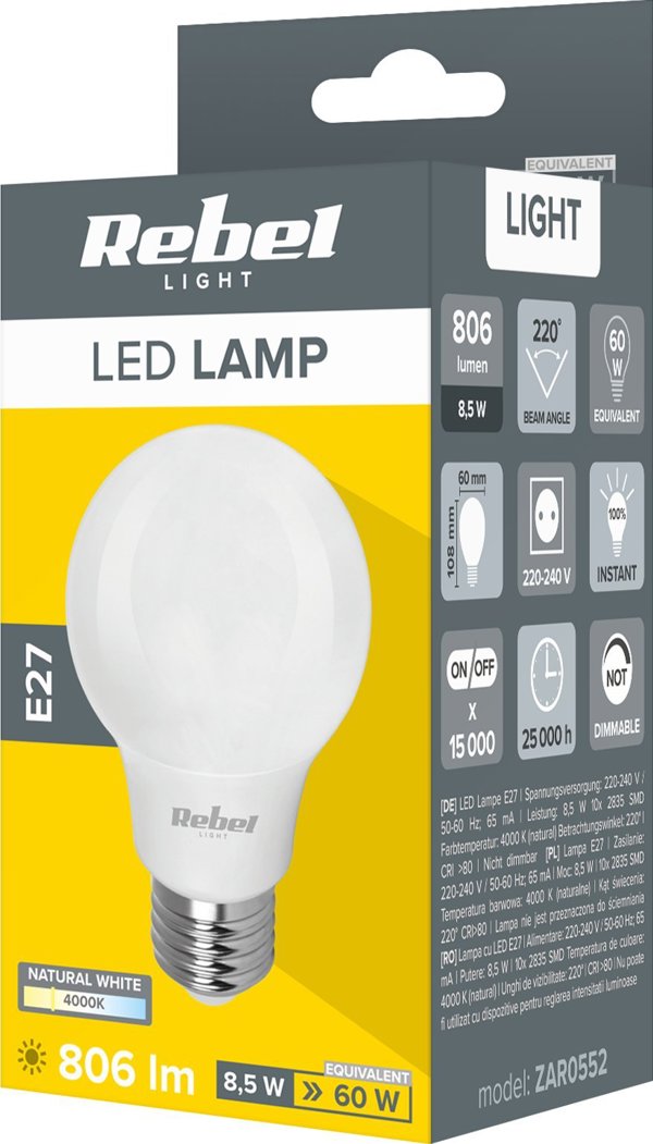 Rebel Lampa LED Rebel A60 8,5W 4000K, 230V