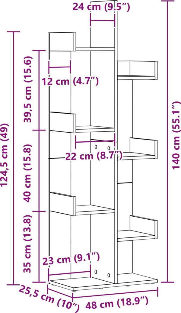 Ράφι vidaXL Μαύρη Δρυς, Ξύλινη Βιβλιοθήκη 48x25.5x140 εκ.