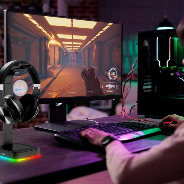 Retoo Βάση/στήριγμα για ακουστικά με RGB, USB hub