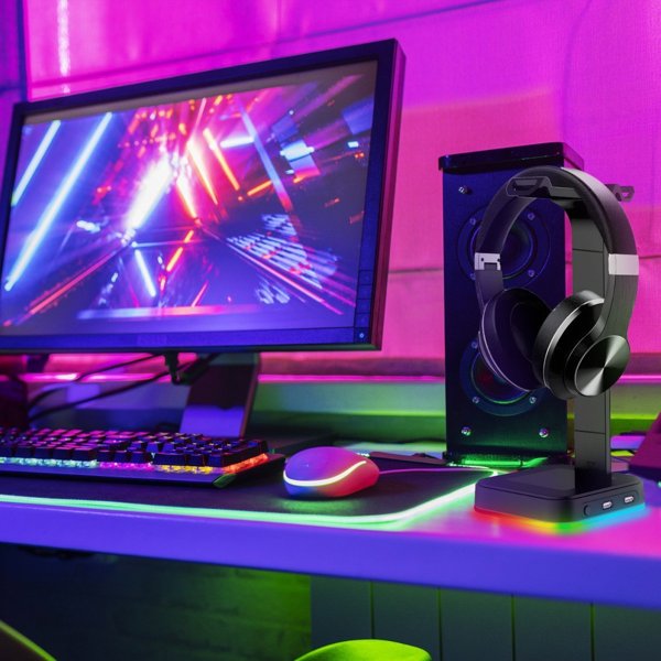 Retoo Βάση/στήριγμα για ακουστικά με RGB, USB hub
