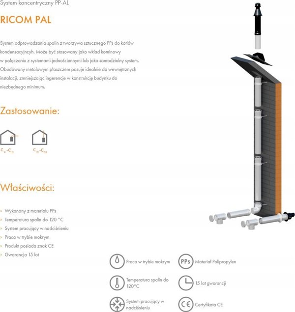 Ricom Γωνιακός Σύνδεσμος Καμινάδας PP-AL 45°, DN80/125, με Στεγανωτικό