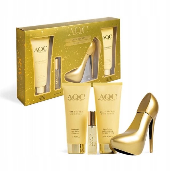 Rinkinys Aqc Fragrances Lady Secret Gold Edition moterims: tualetinis vanduo EDT, 100 ml + tualetinis vanduo EDT, 15 ml + kūno losjonas, 120 ml + dušo želė, 120 ml