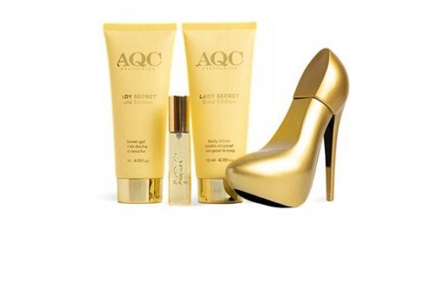 Rinkinys Aqc Fragrances Lady Secret Gold Edition moterims: tualetinis vanduo EDT, 100 ml + tualetinis vanduo EDT, 15 ml + kūno losjonas, 120 ml + dušo želė, 120 ml