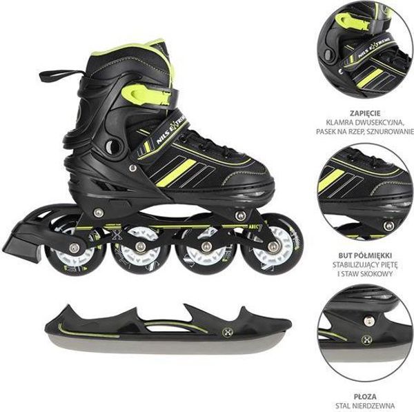 Nils Extreme NH18191 Ρυθμιζόμενα Πατίνια 2σε1 (Rollers & Ice Skates), Μαύρα, Μέγεθος 39-43