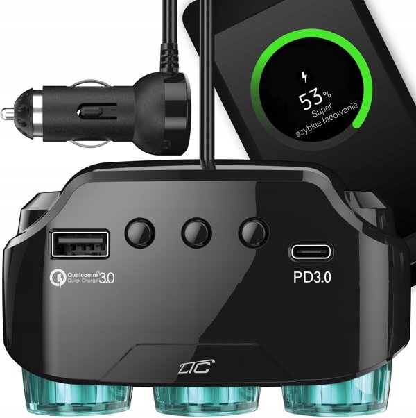 Rozdzielacz Gniazda Zapalniczki 12-24V QC3.0+PD