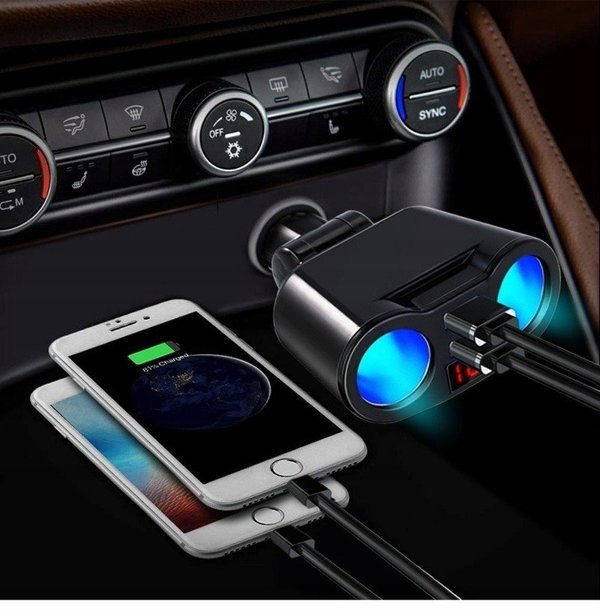 Rozdzielacz Gniazda Zapalniczki, 2 USB, Voltomierz