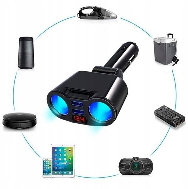 Rozdzielacz Gniazda Zapalniczki, 2 USB, Voltomierz