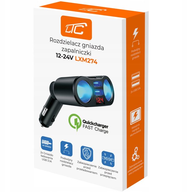 Rozdzielacz Gniazda Zapalniczki, 2 USB, Voltomierz