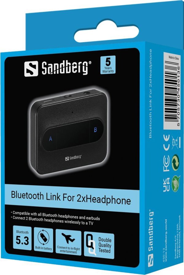 Sandberg Bluetooth Audio Link για 2 Ακουστικά, Σύνδεσμος Bluetooth για Ασύρματη Σύνδεση