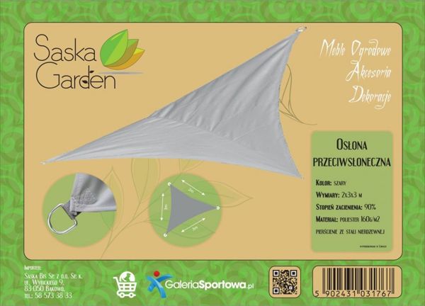 Saska Garden Τέντα Σκίασης Τριγωνική 3x3x3m Γκρι – Αντηλιακό Πανί Κήπου και Βεράντας
