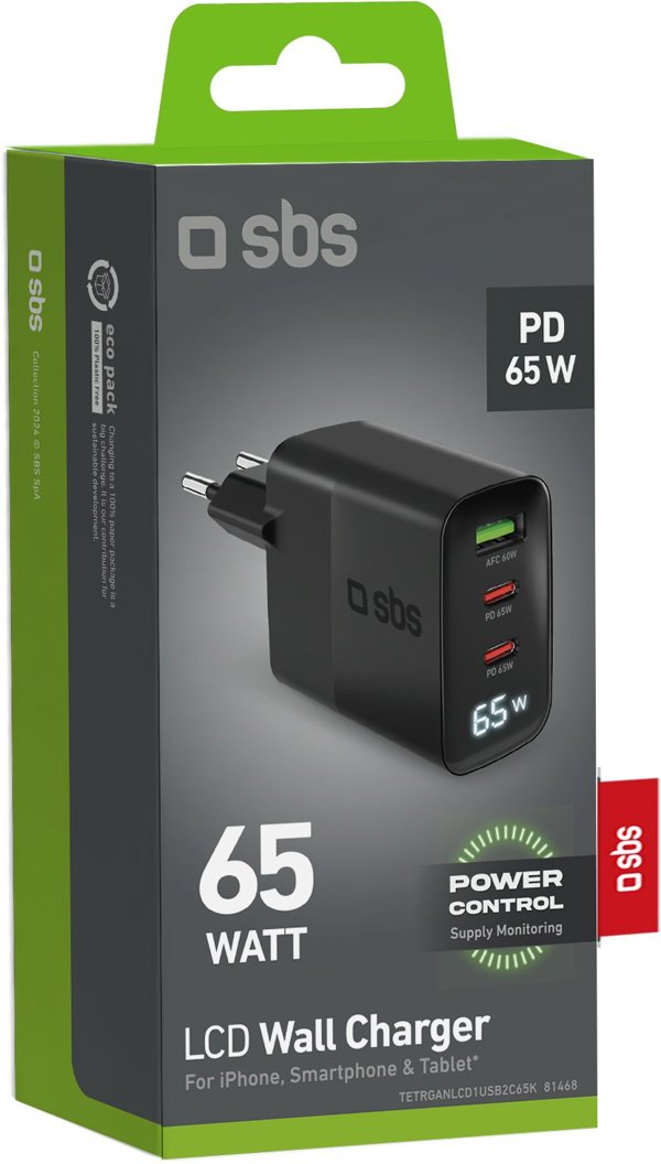 Φορτιστής Τοίχου SBS LCD USB-A 2x USB-C LCD 65 W μαύρο - Ladetajs