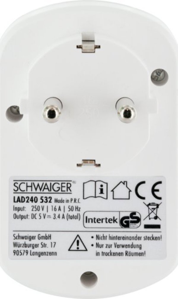 Schwaiger Φορτιστής USB 230V με 2 Θύρες USB και Πρίζα Schuko, Λευκός