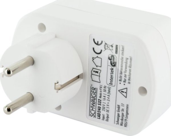 Schwaiger Φορτιστής USB 230V με 2 Θύρες USB και Πρίζα Schuko, Λευκός