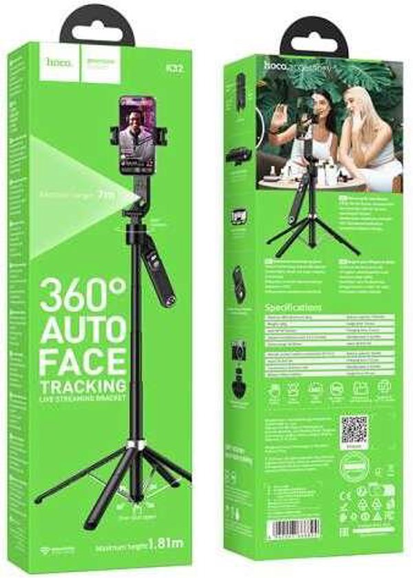 Selfie stick Hoco τρίποδο με ασύρματο χειριστήριο, περιστροφής 360° με αυτόματη ανίχνευση προσώπου K32 μαύρο