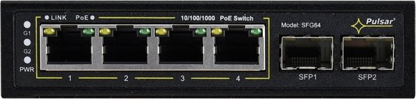 SFG64WP PULSAR Switch PoE 6-portowy Gigabit Ethernet 4xPoE+ 2xSFP 60W bez zasilacza