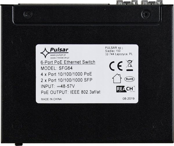 SFG64WP PULSAR Switch PoE 6-portowy Gigabit Ethernet 4xPoE+ 2xSFP 60W bez zasilacza