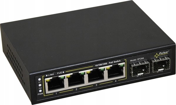 SFG64WP PULSAR Switch PoE 6-portowy Gigabit Ethernet 4xPoE+ 2xSFP 60W bez zasilacza