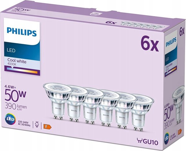 Signify Philips LED classic Lampe 50W GU10 Zimna biel 390 lm Srebrny 6erP
