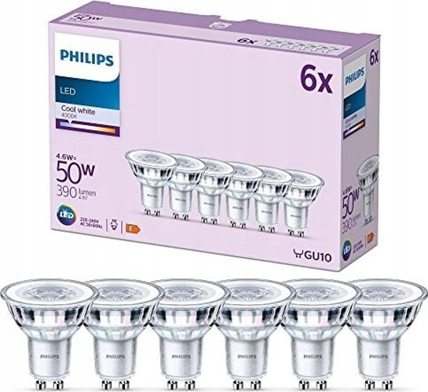 Signify Philips LED classic Lampe 50W GU10 Zimna biel 390 lm Srebrny 6erP